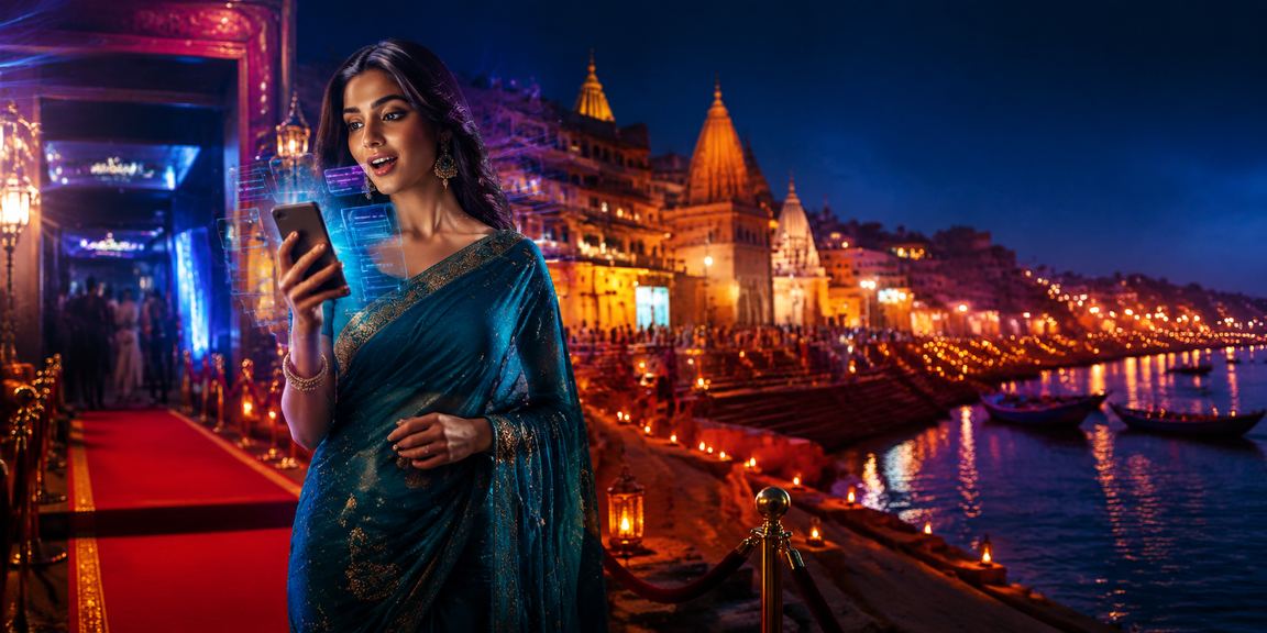 A player enjoying casino app near Varanasi Ghat during evening